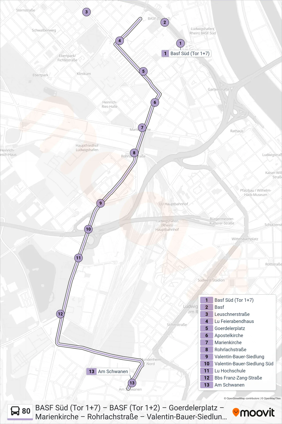 80 bus Line (Mundenheim Bahnhof) route and stops on a map