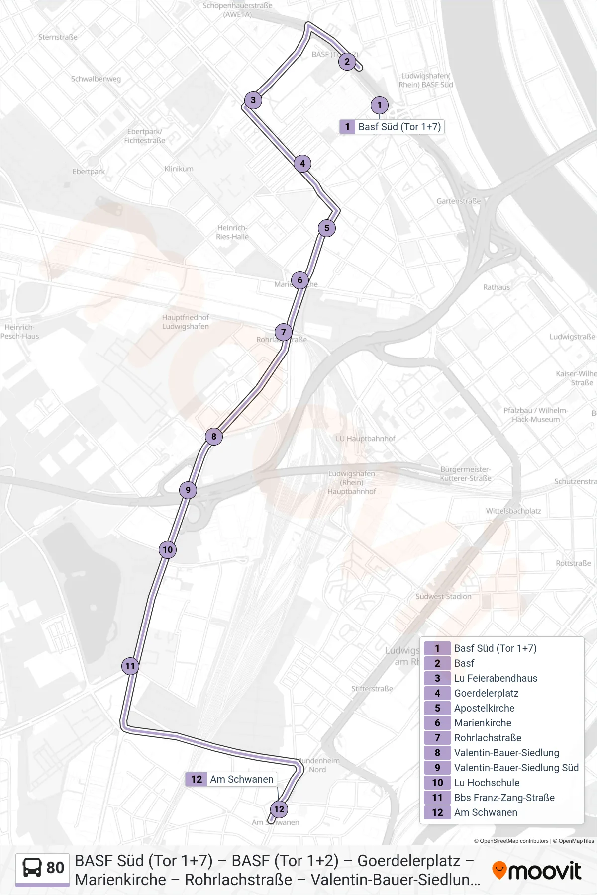 80 bus Line (Am Schwanen) route and stops on a map