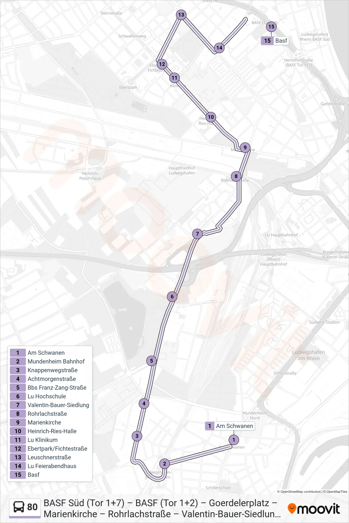 80 bus Line (Basf) route and stops on a map