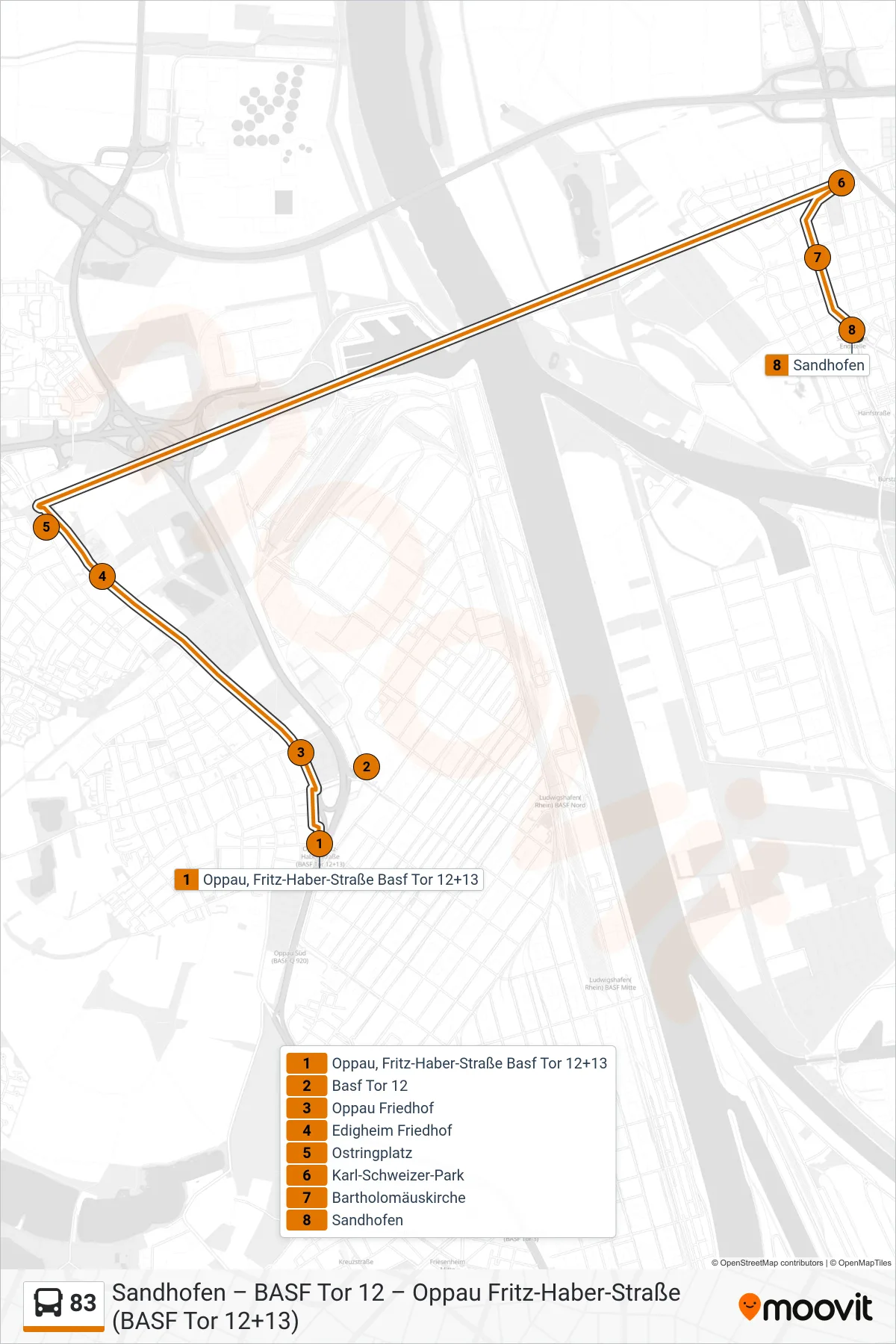83 bus Line (Sandhofen) route and stops on a map