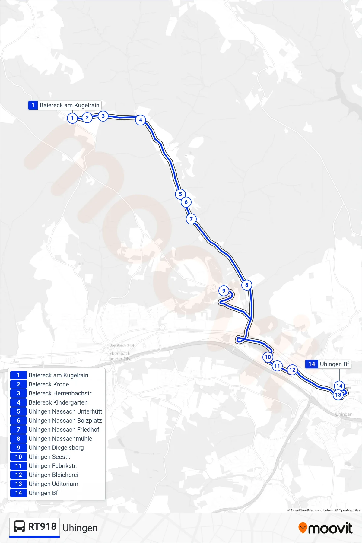 Linie RT918 (Bus) Richtung Uhingen: Route und Haltestellen auf der Karte