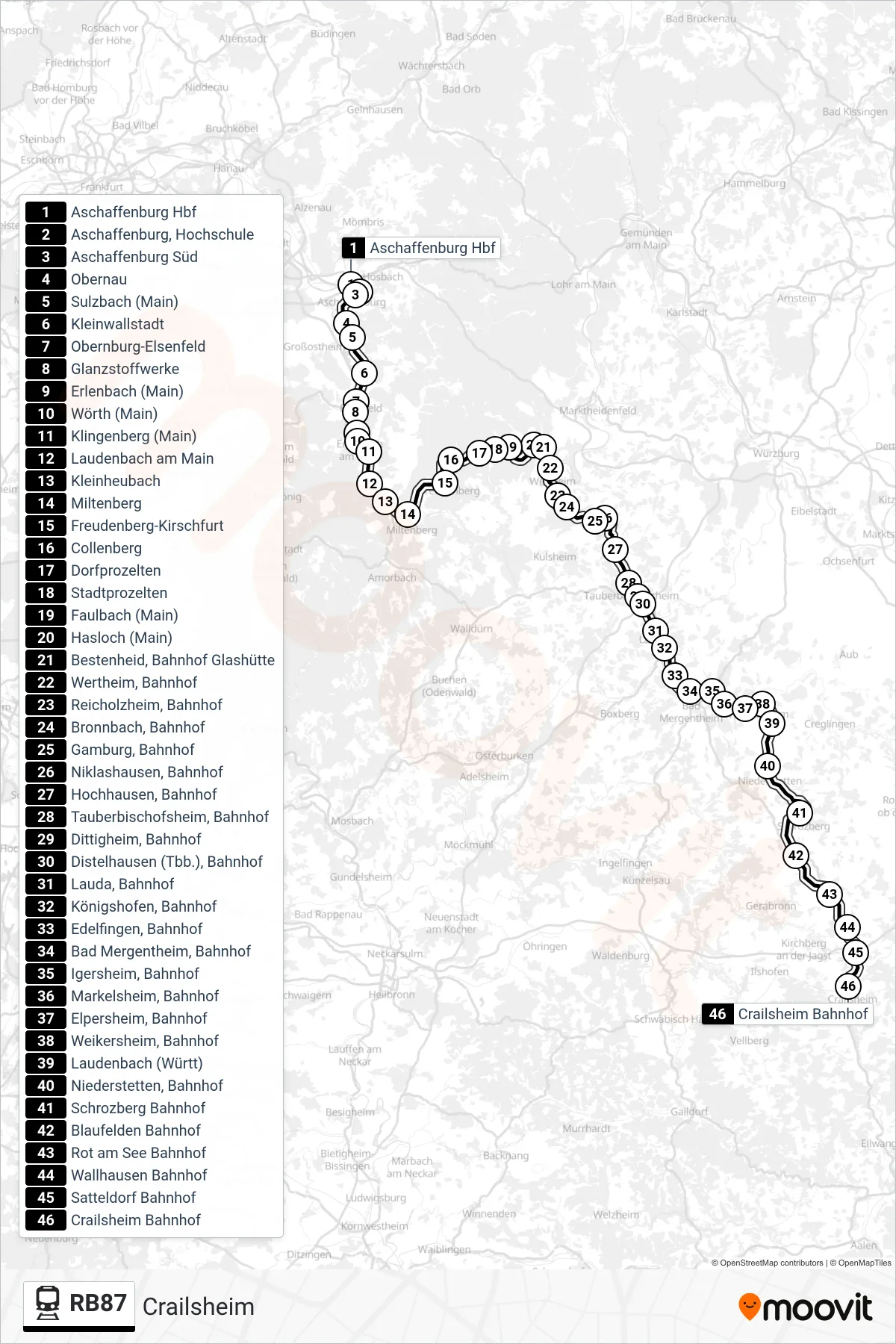 Linie RB87 (Tram) Richtung Crailsheim: Route und Haltestellen auf der Karte