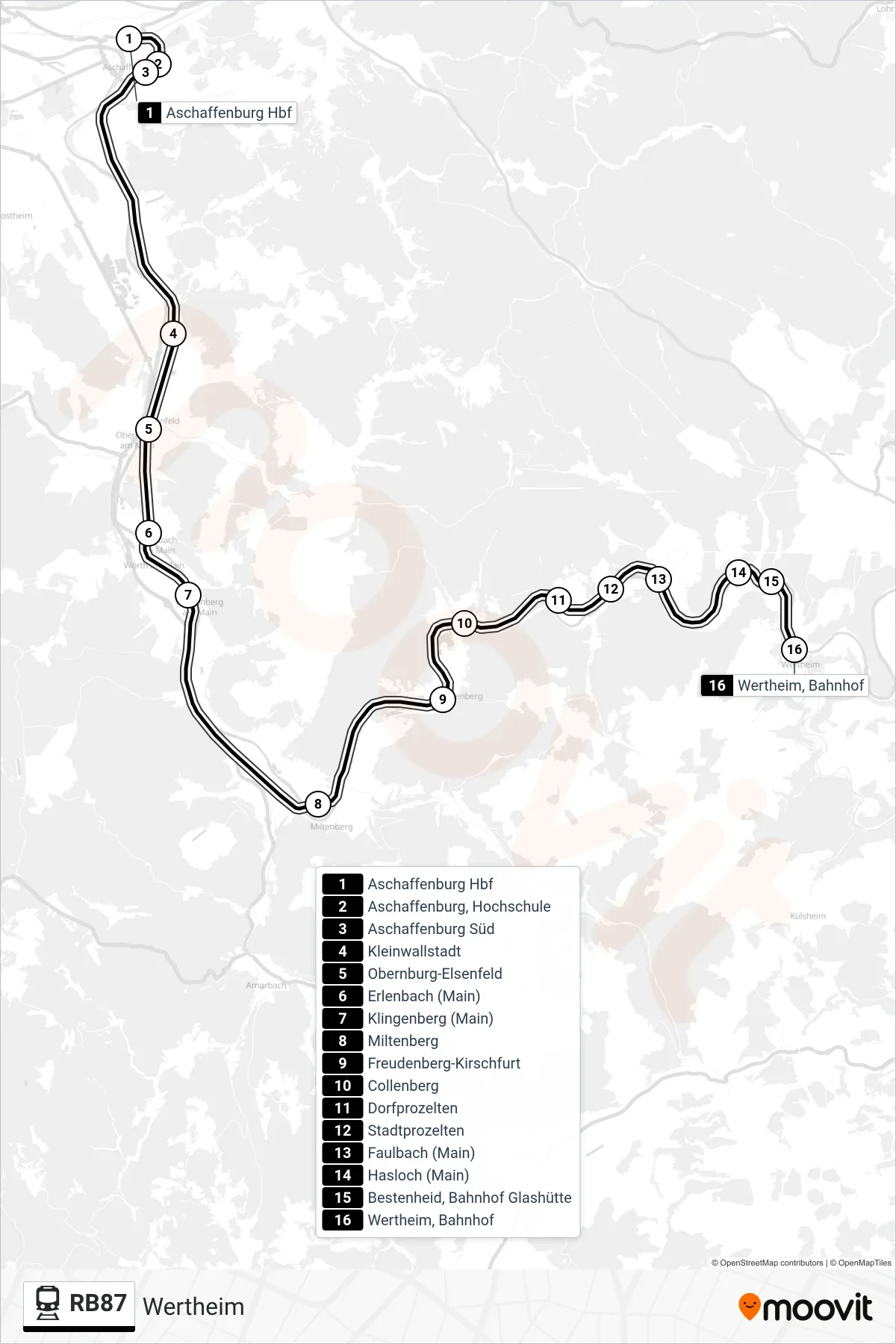 RB87 tram Line (Wertheim) route and stops on a map