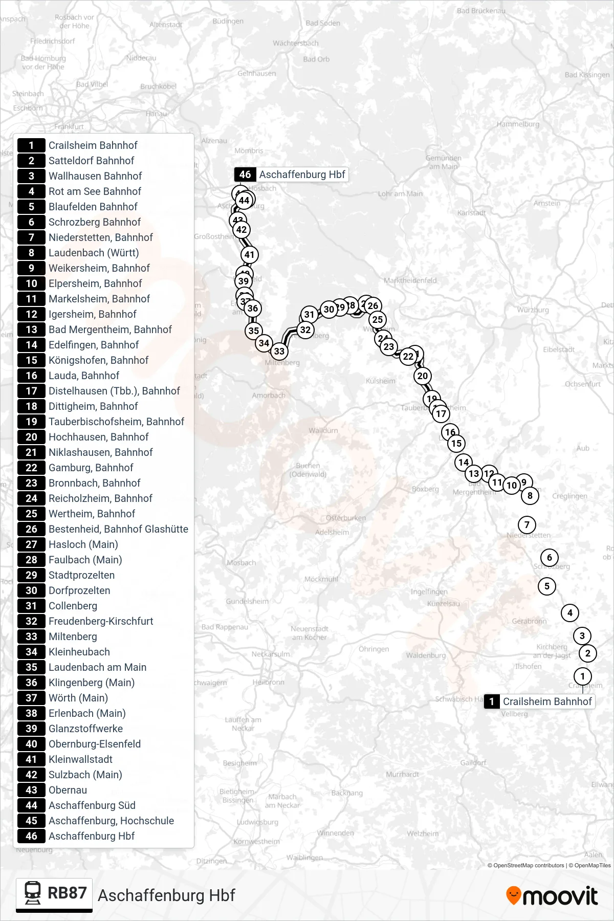 RB87 tram Line (Aschaffenburg Hbf) route and stops on a map