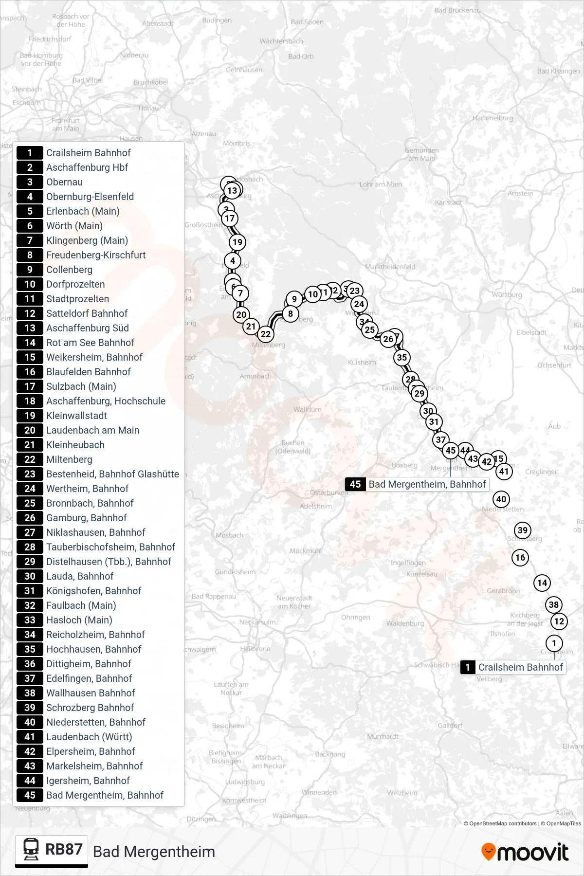 RB87 tram Line (Bad Mergentheim) route and stops on a map