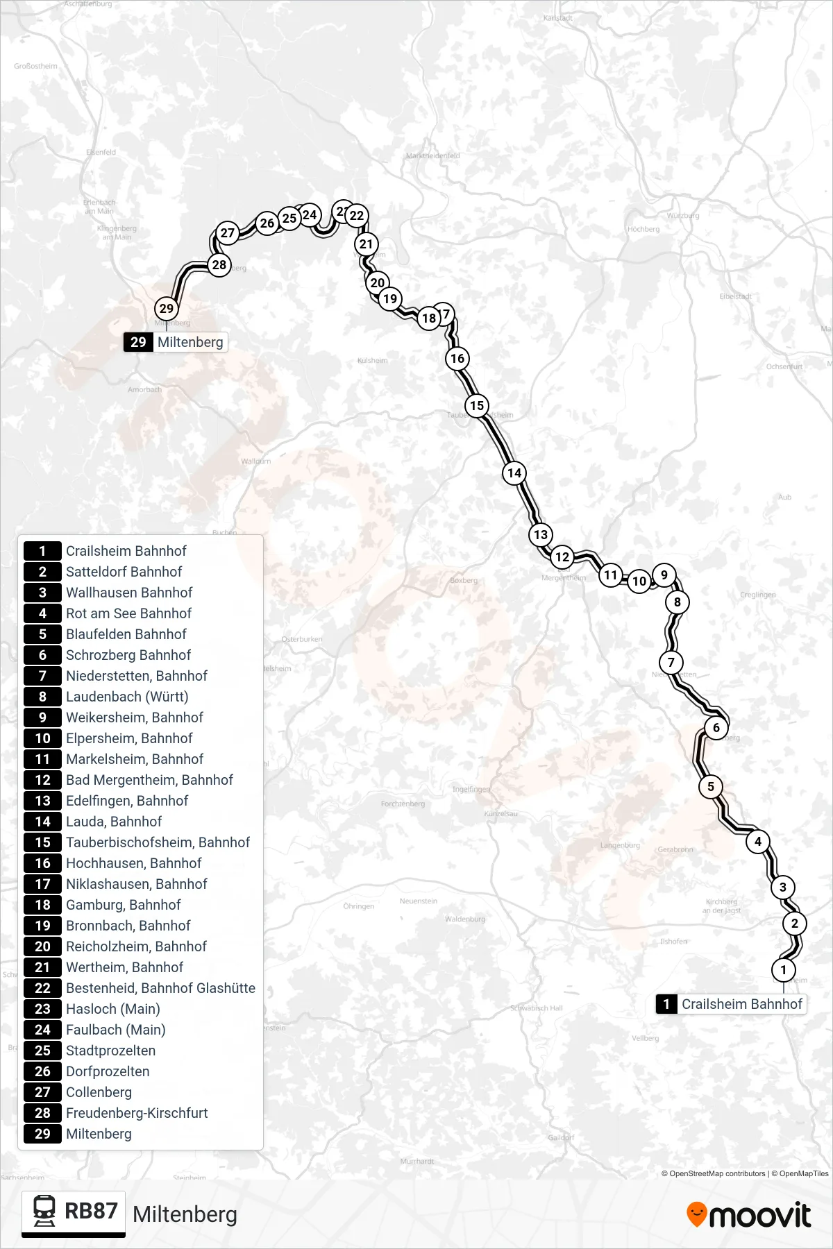 RB87 tram Line (Miltenberg) route and stops on a map