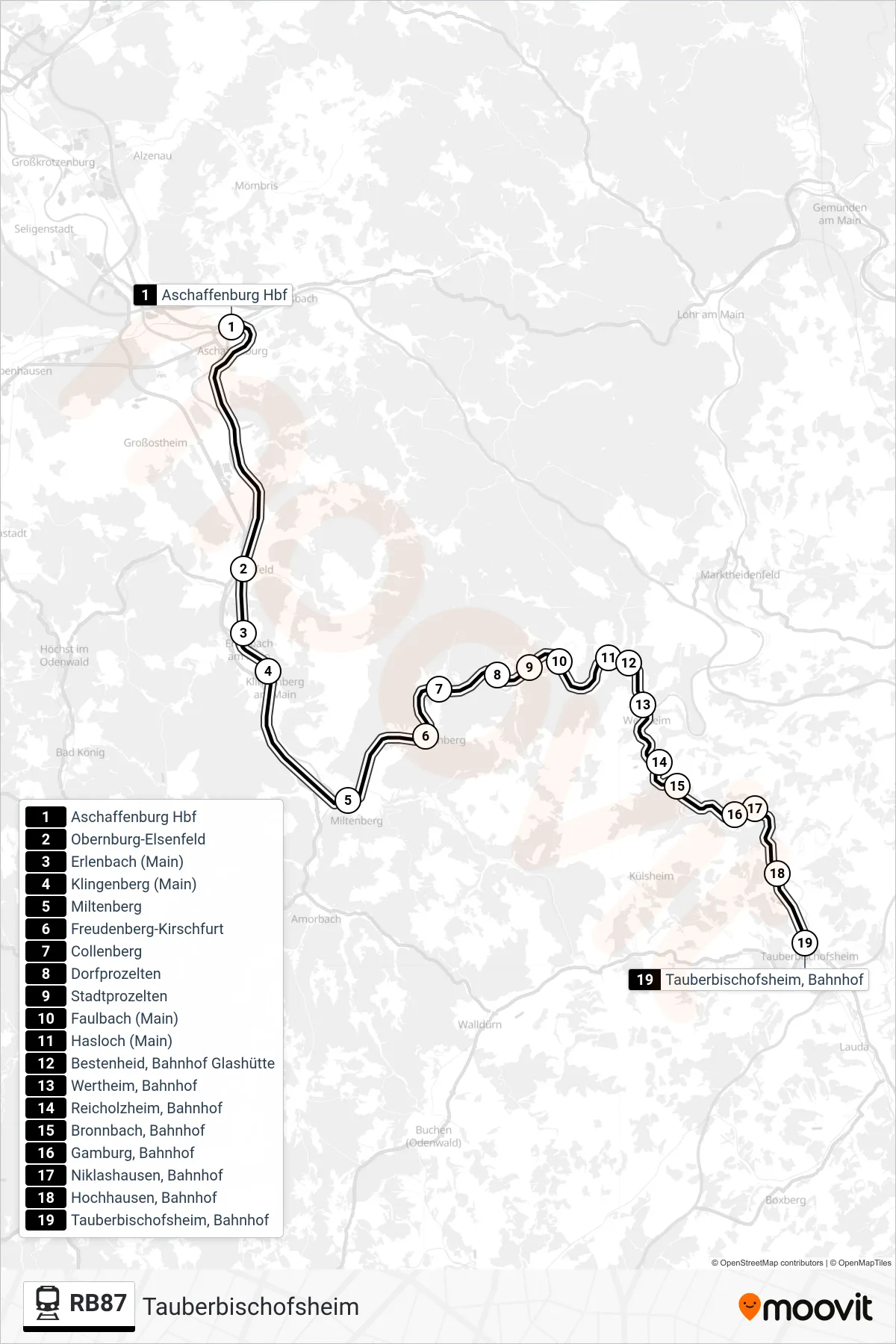 RB87 tram Line (Tauberbischofsheim) route and stops on a map