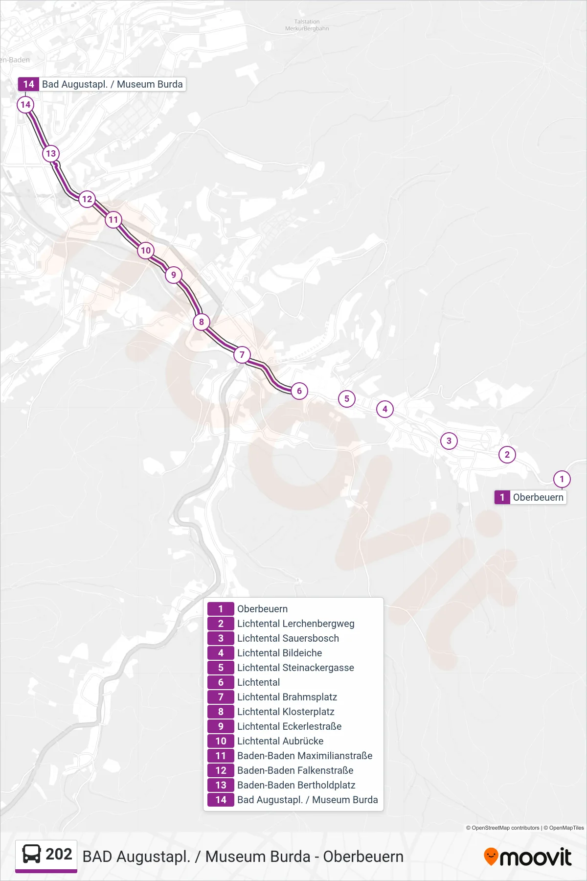 202 bus Line (Bad Augustapl. / Museum Burda) route and stops on a map