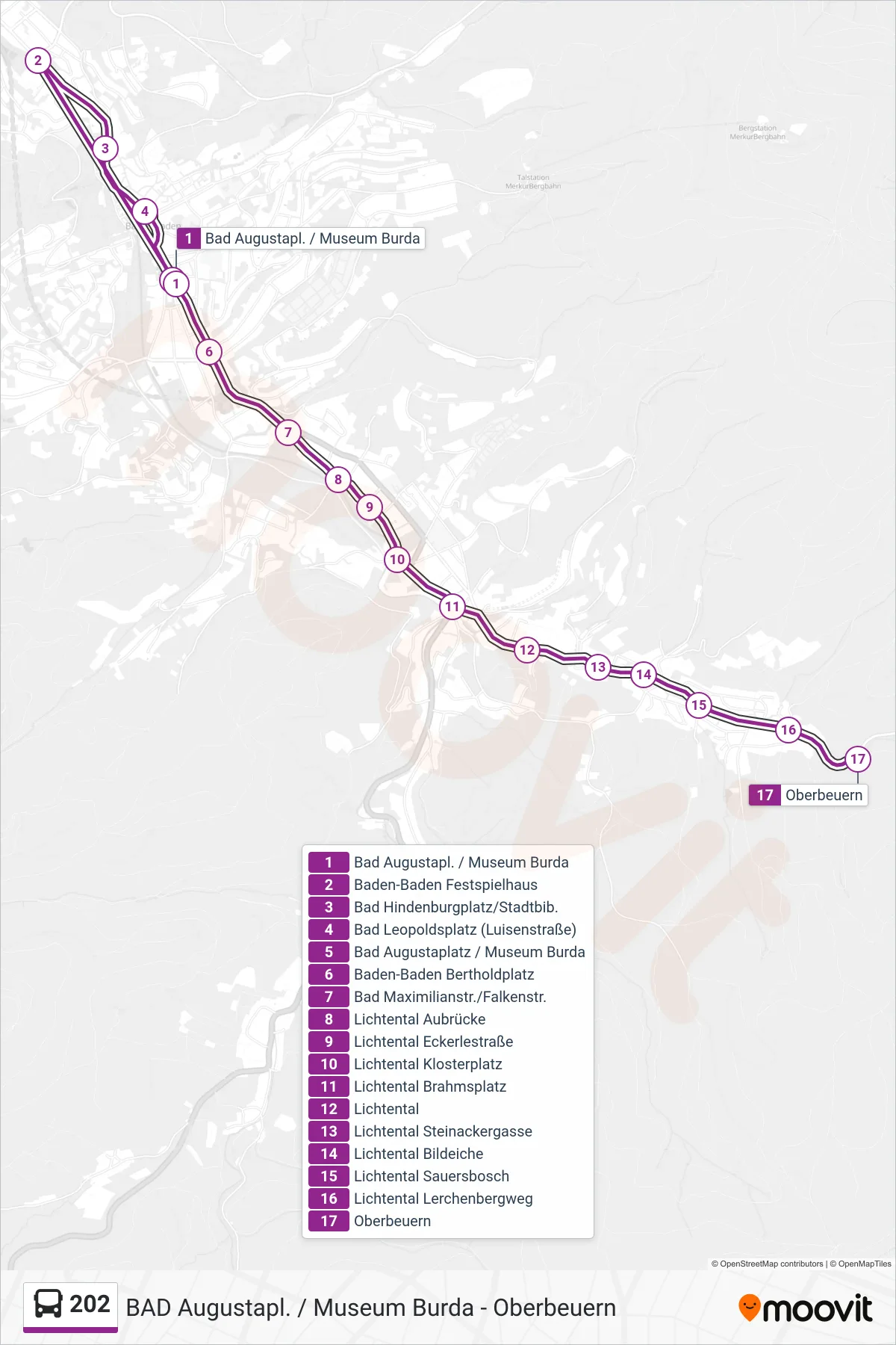 202 bus Line (Oberbeuern) route and stops on a map