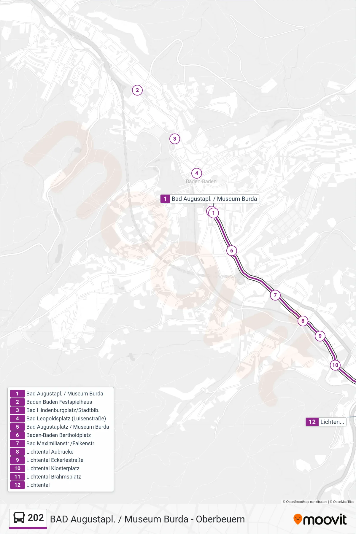 Linie 202 (Bus) Richtung Lichtental: Route und Haltestellen auf der Karte