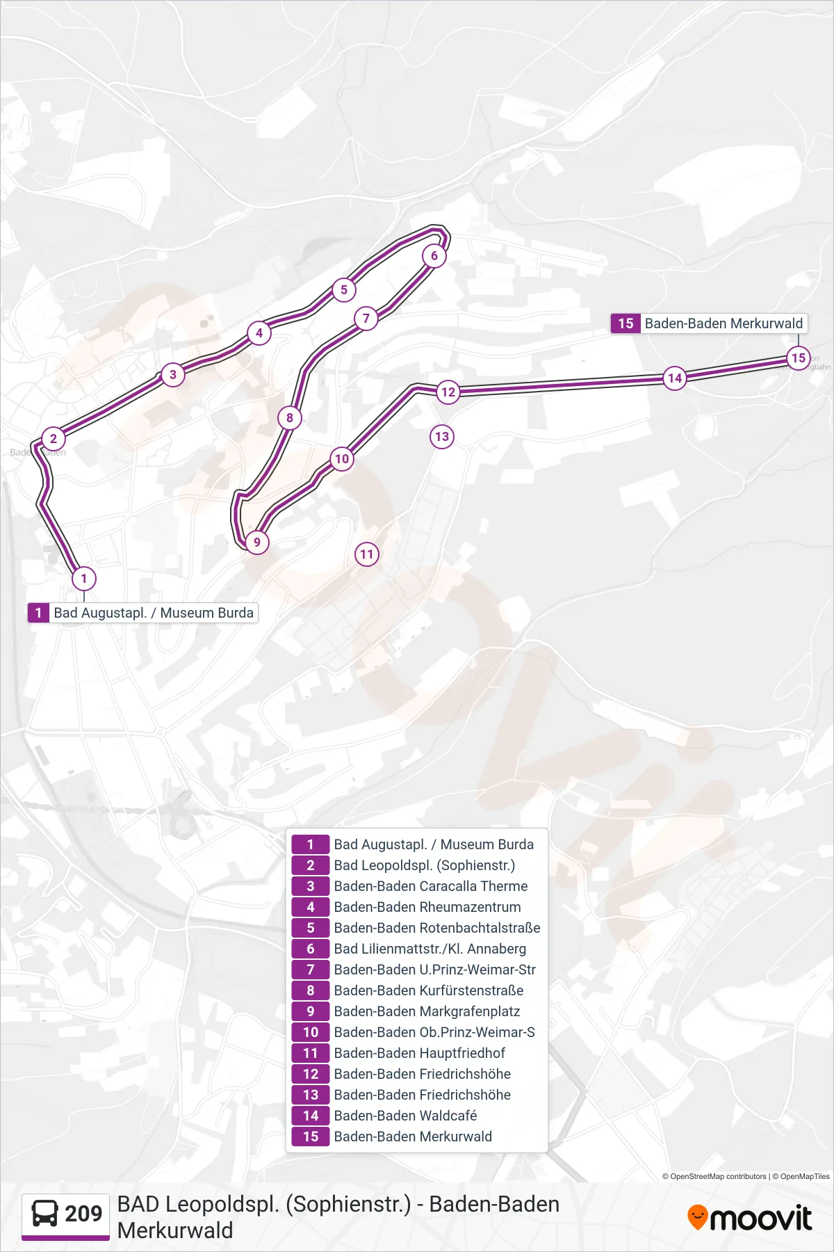 209 bus Line (Baden-Baden Merkurwald) route and stops on a map