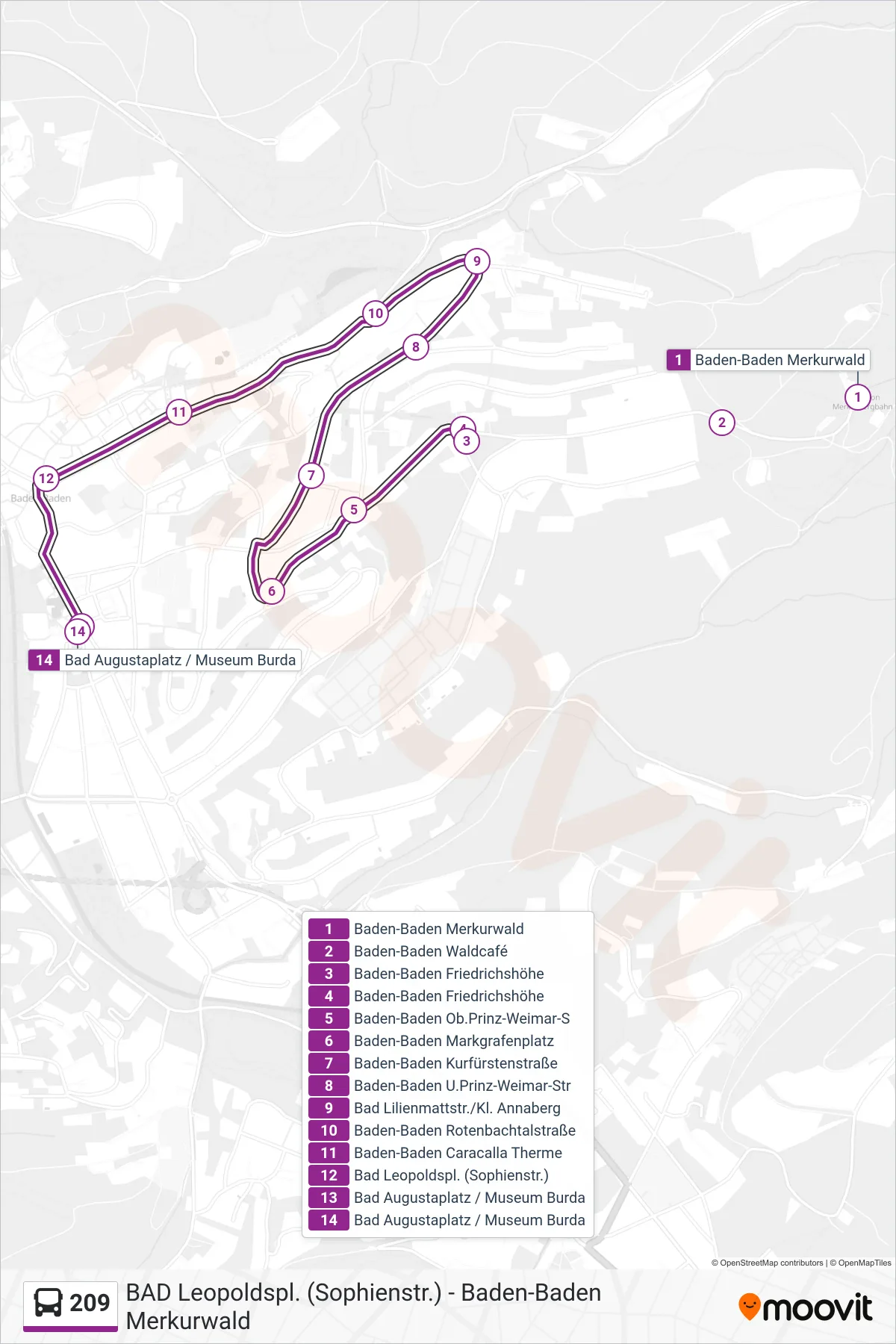209 bus Line (Bad Augustaplatz / Museum Burda) route and stops on a map