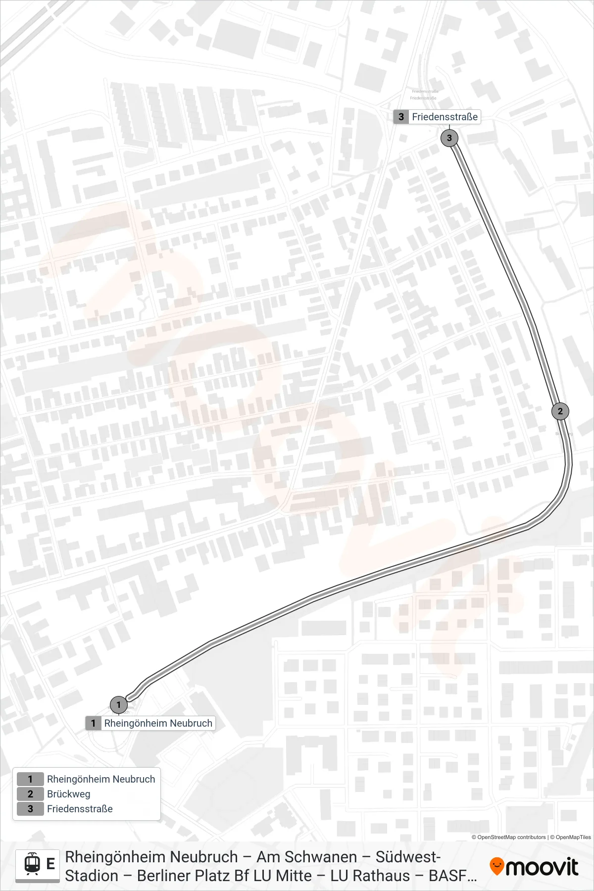 Linie E (Straßenbahn) Richtung Friedensstraße: Route und Haltestellen auf der Karte