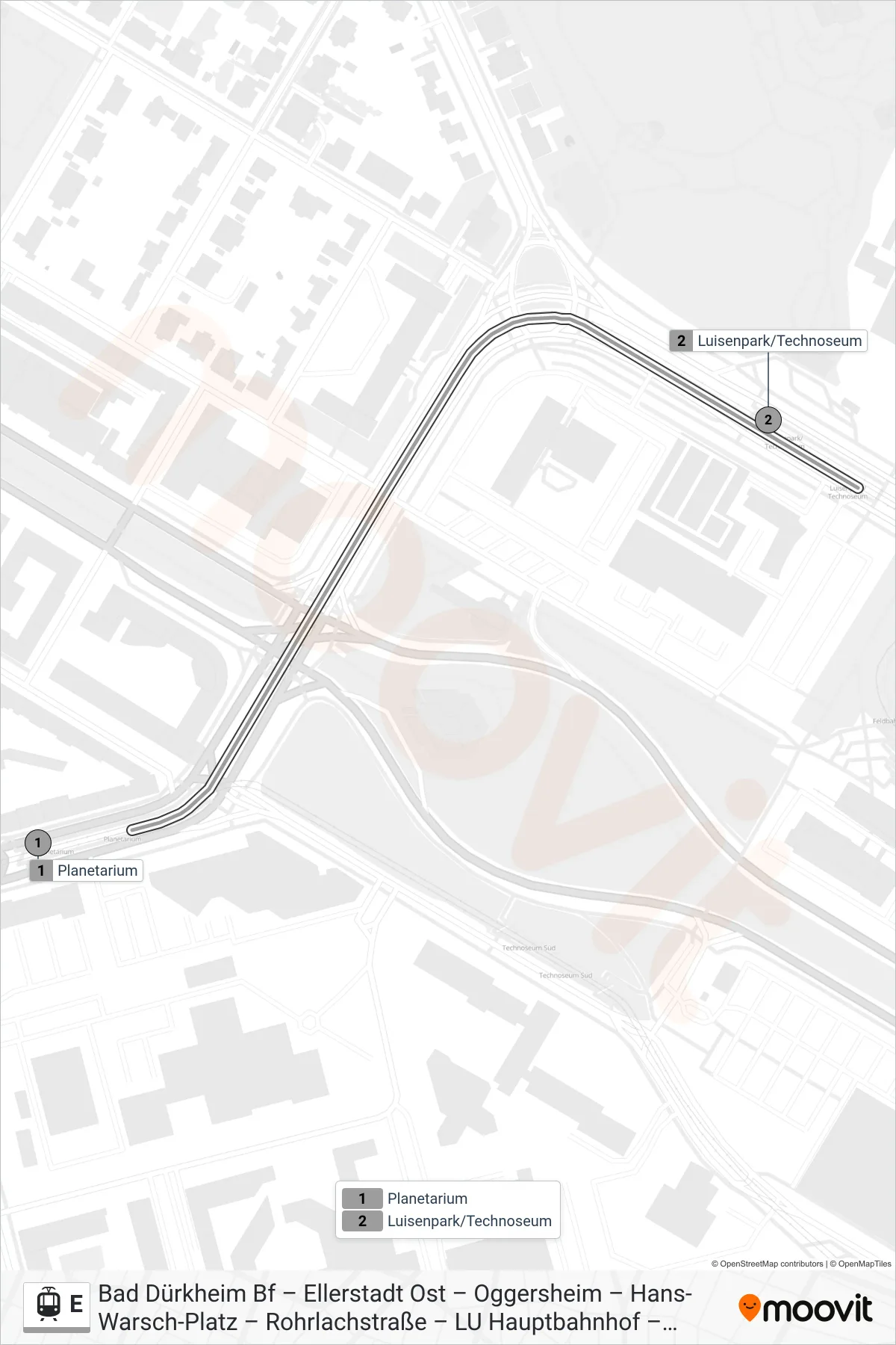 Linie E (Straßenbahn) Richtung Luisenpark: Route und Haltestellen auf der Karte
