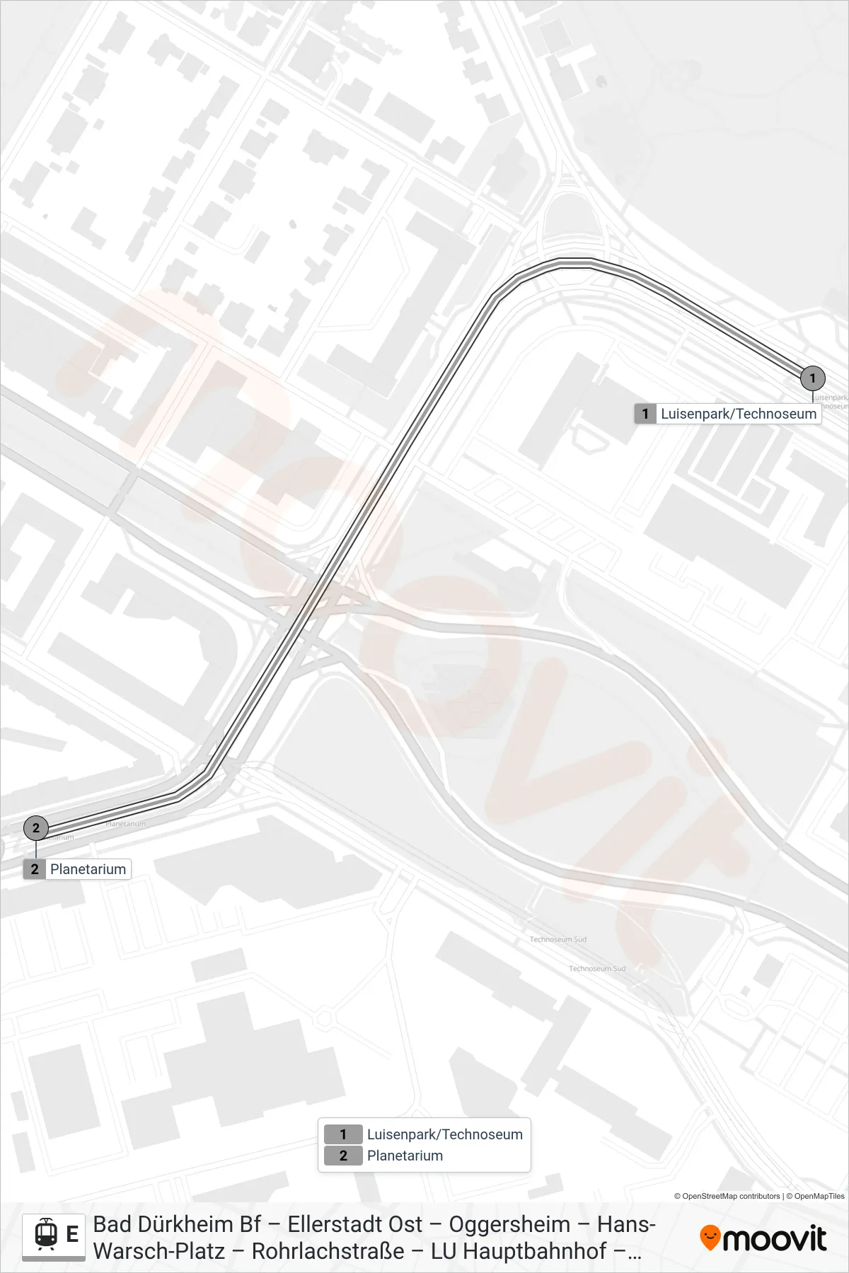 Linie E (Straßenbahn) Richtung Planetarium: Route und Haltestellen auf der Karte