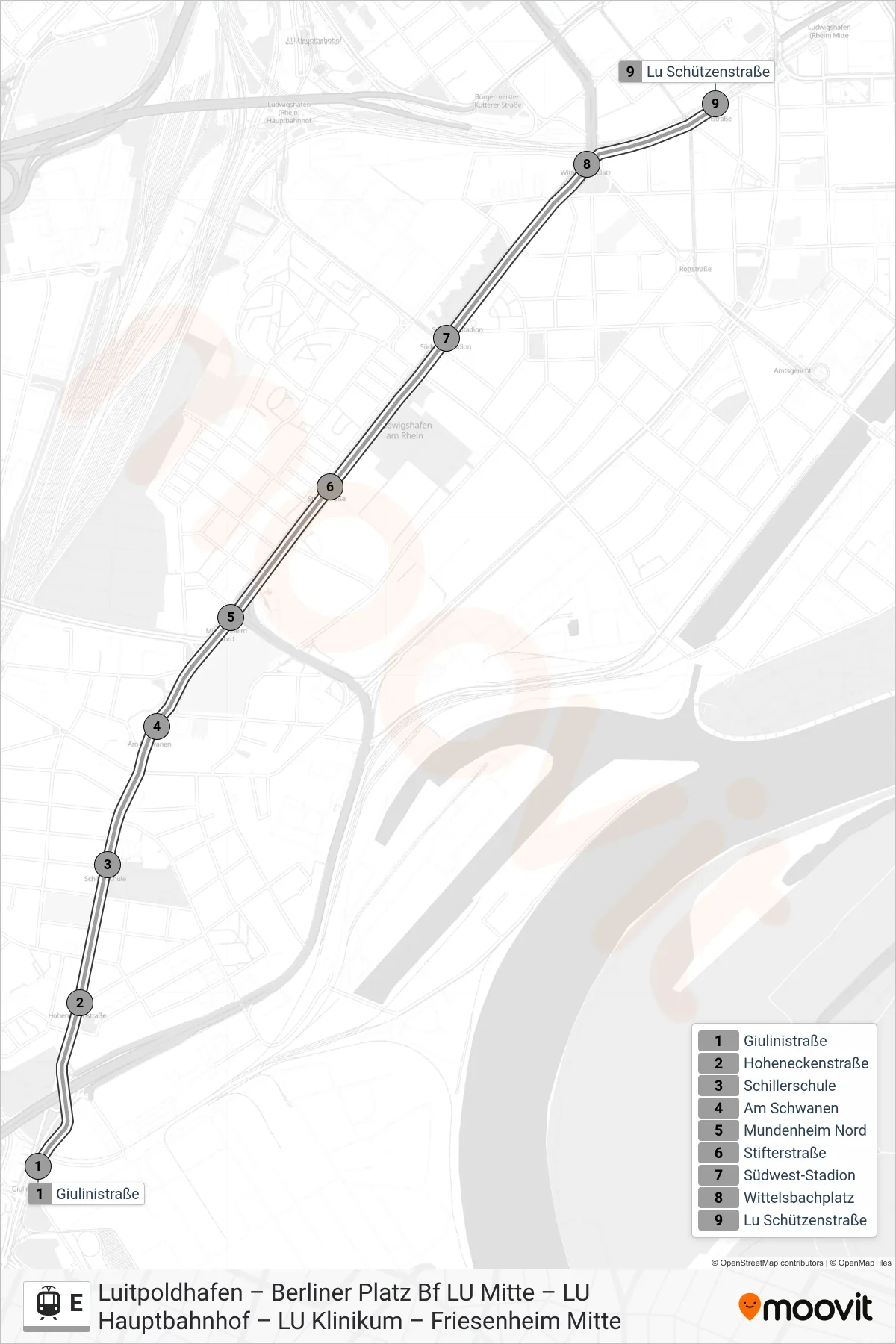 Linie E (Straßenbahn) Richtung Friesenheim: Route und Haltestellen auf der Karte