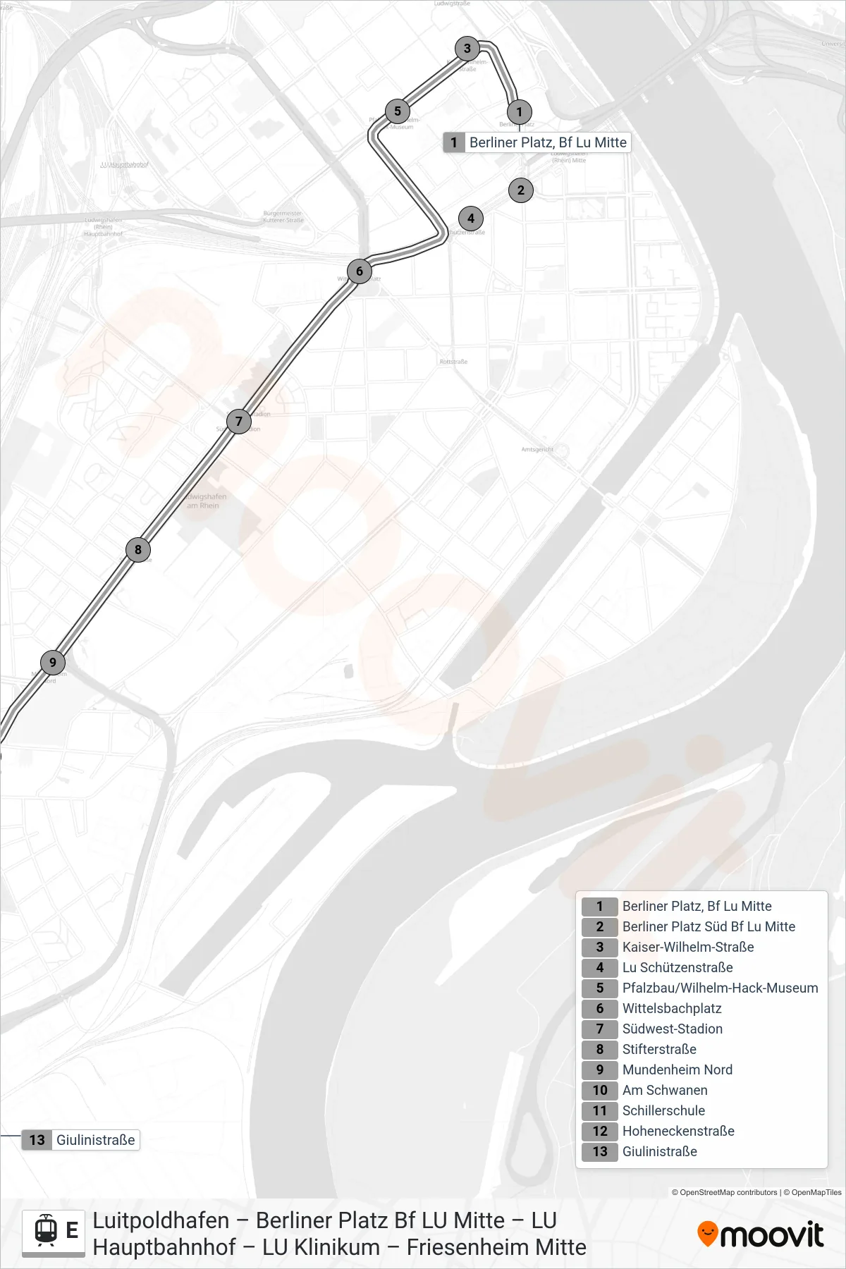 E light rail Line (Giulini) route and stops on a map