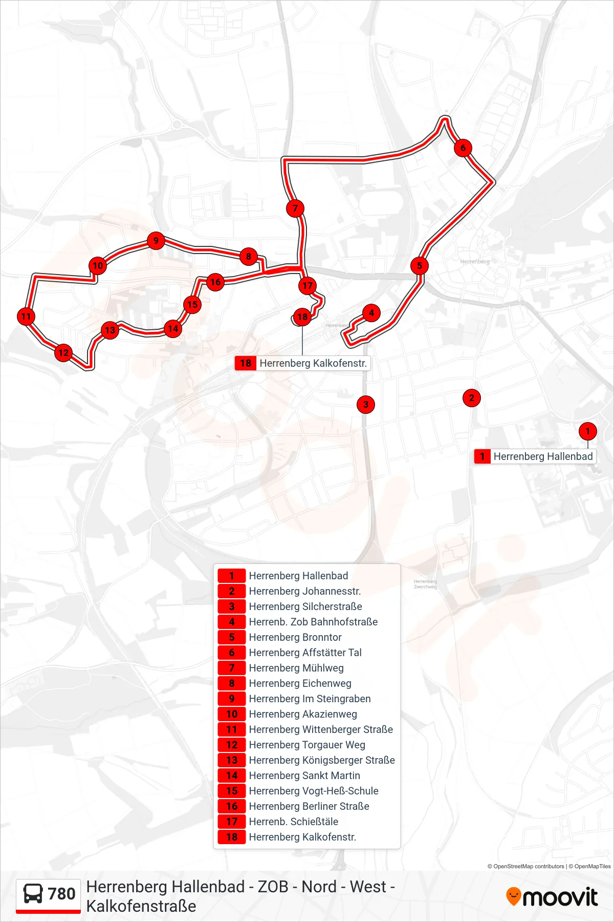 Linie 780 (Bus) Richtung Herrenberg Kalkofenstr.: Route und Haltestellen auf der Karte