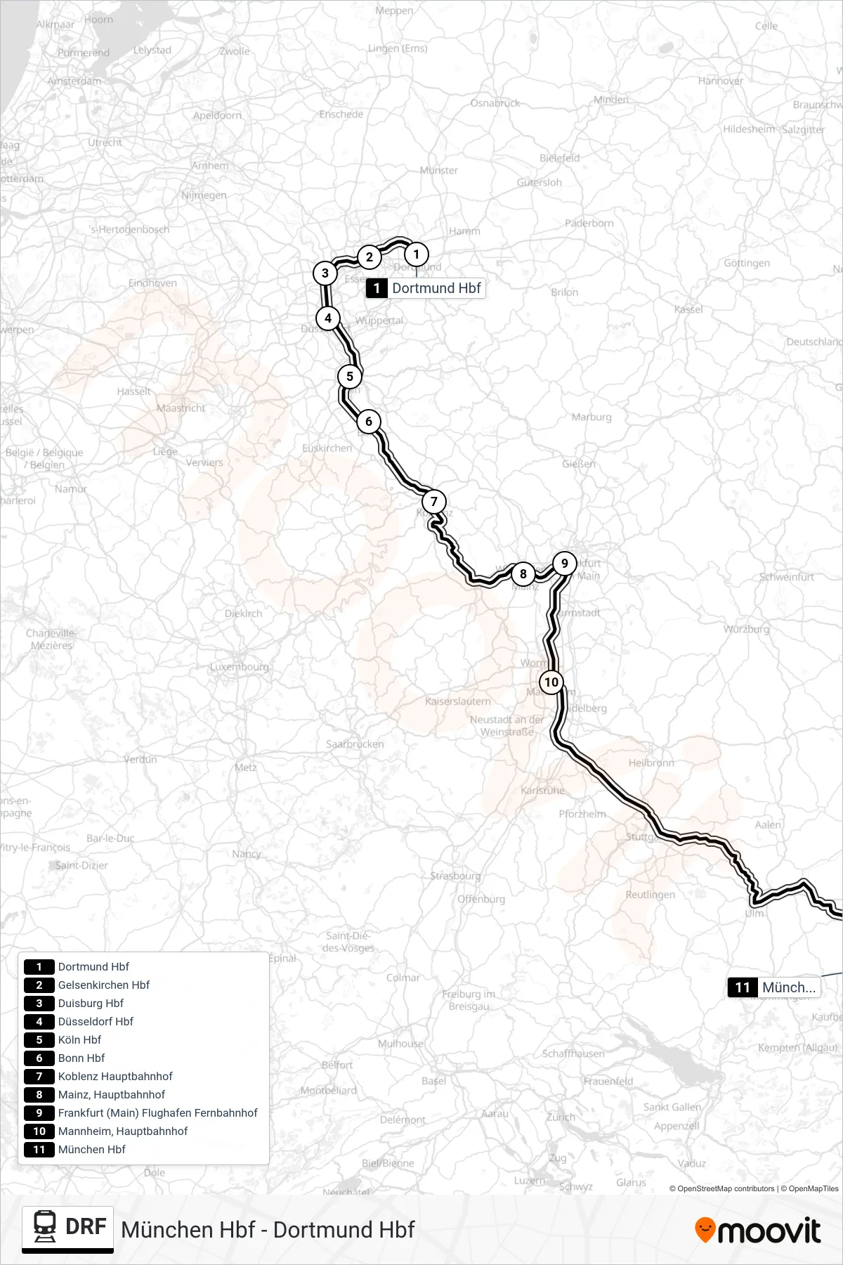 DRF train Line (München Hbf) route and stops on a map