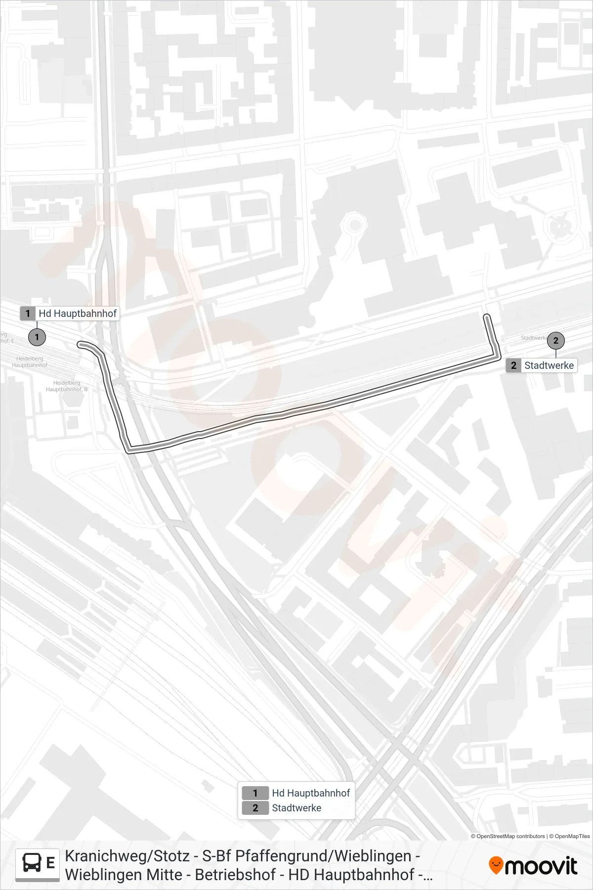 Linie E (Bus) Richtung Stadtwerke: Route und Haltestellen auf der Karte