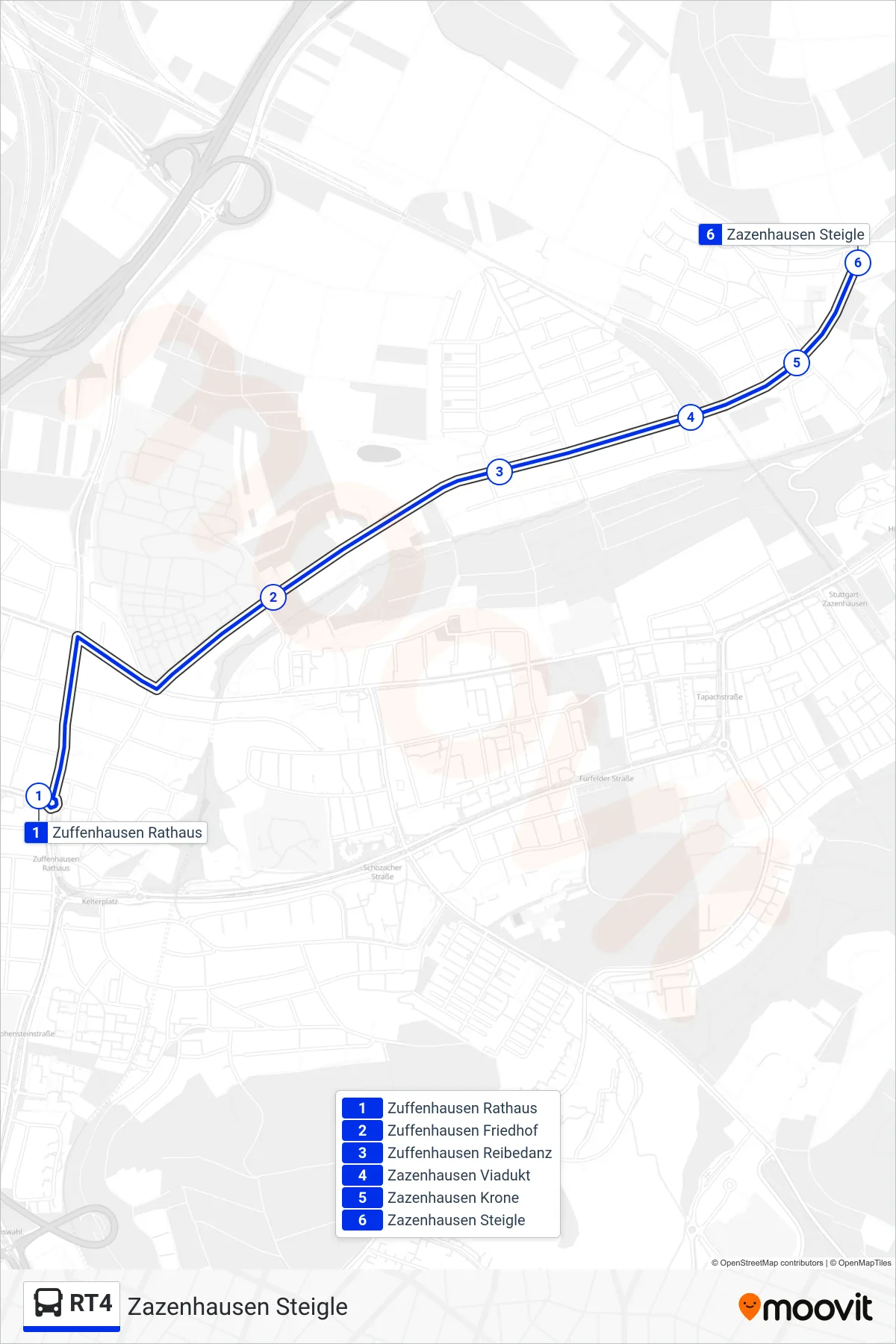 Linie RT4 (Bus) Richtung Zazenhausen Steigle: Route und Haltestellen auf der Karte