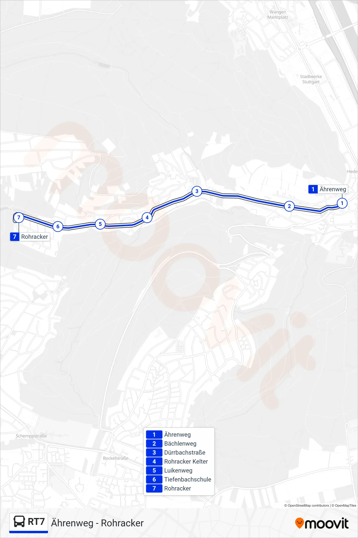 Linie RT7 (Bus) Richtung Rohracker: Route und Haltestellen auf der Karte