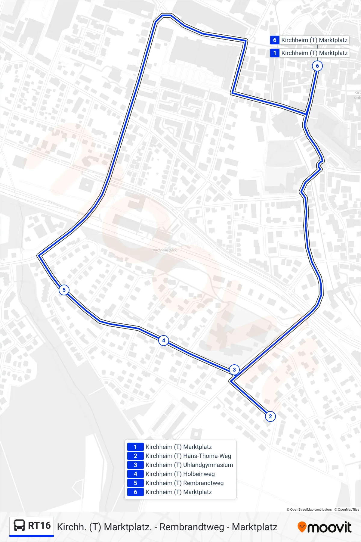 Linie RT16 (Bus) Richtung Kirchheim (T) Marktplatz: Route und Haltestellen auf der Karte