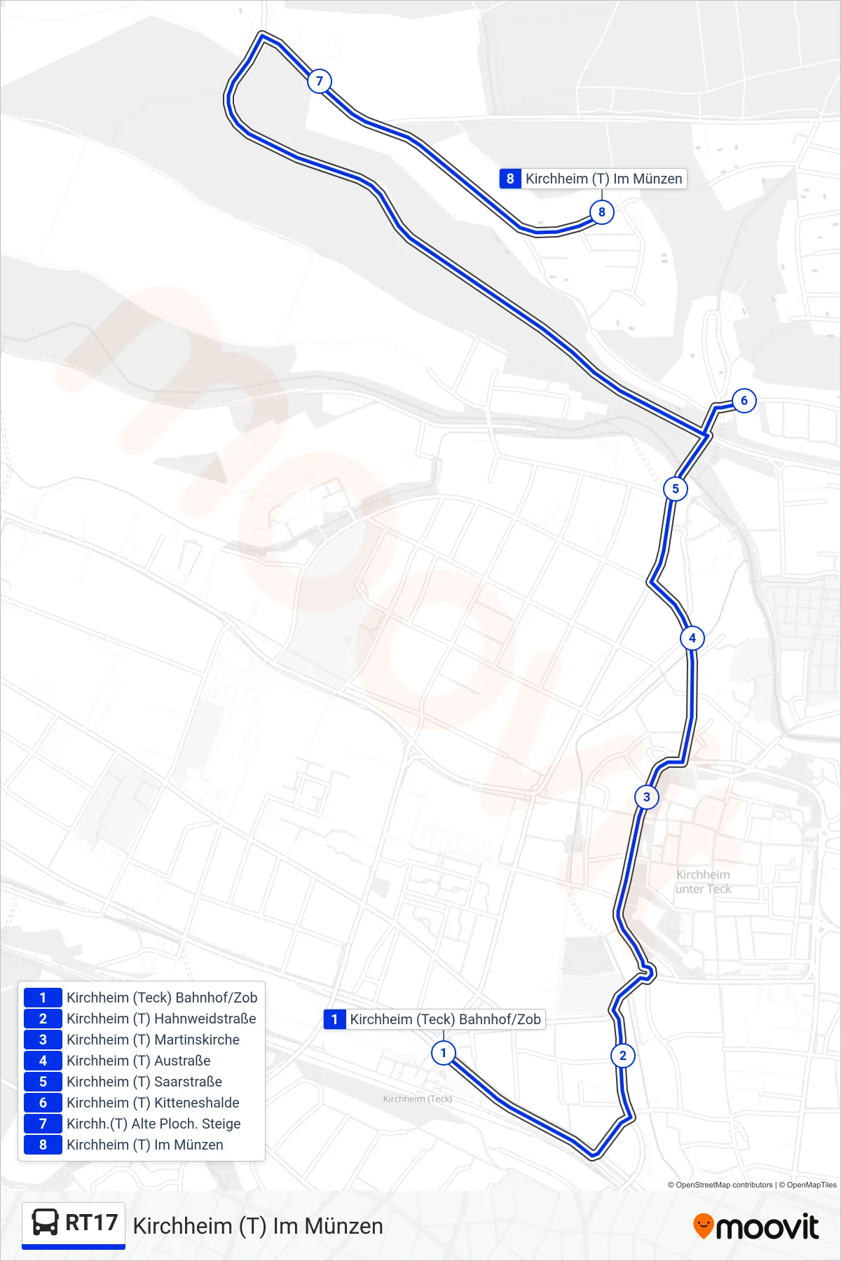 Linie RT17 (Bus) Richtung Kirchheim (T) Im Münzen: Route und Haltestellen auf der Karte