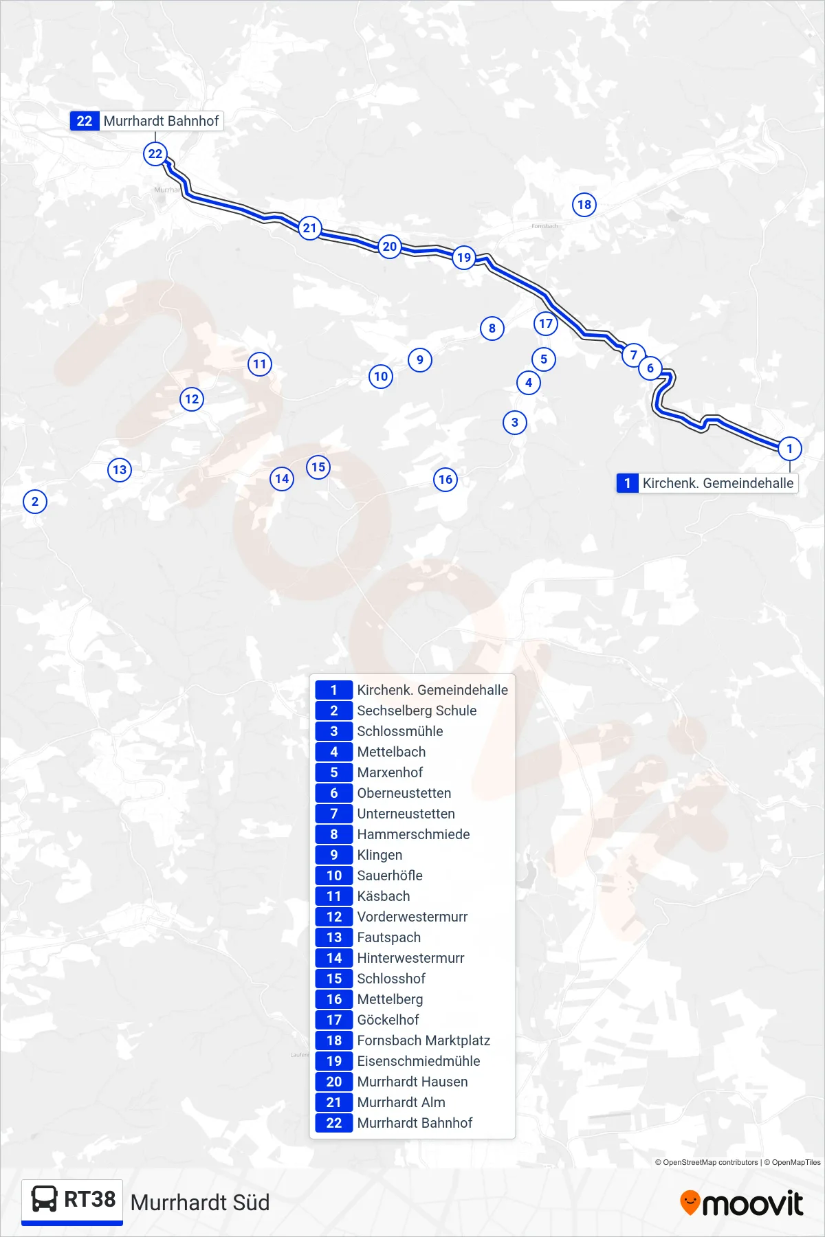 Linie RT38 (Bus) Richtung Murrhardt Bf: Route und Haltestellen auf der Karte