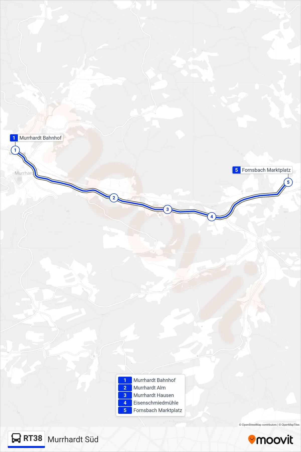 RT38 bus Line (Fornsbach Marktplatz) route and stops on a map