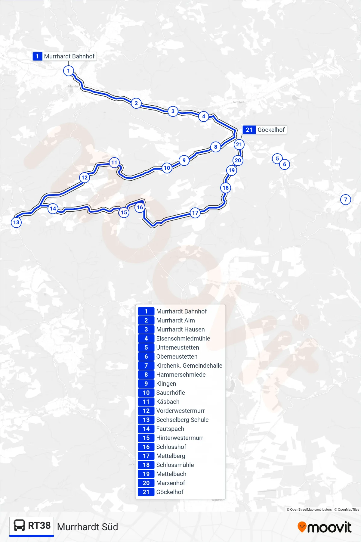 RT38 bus Line (Göckelhof) route and stops on a map