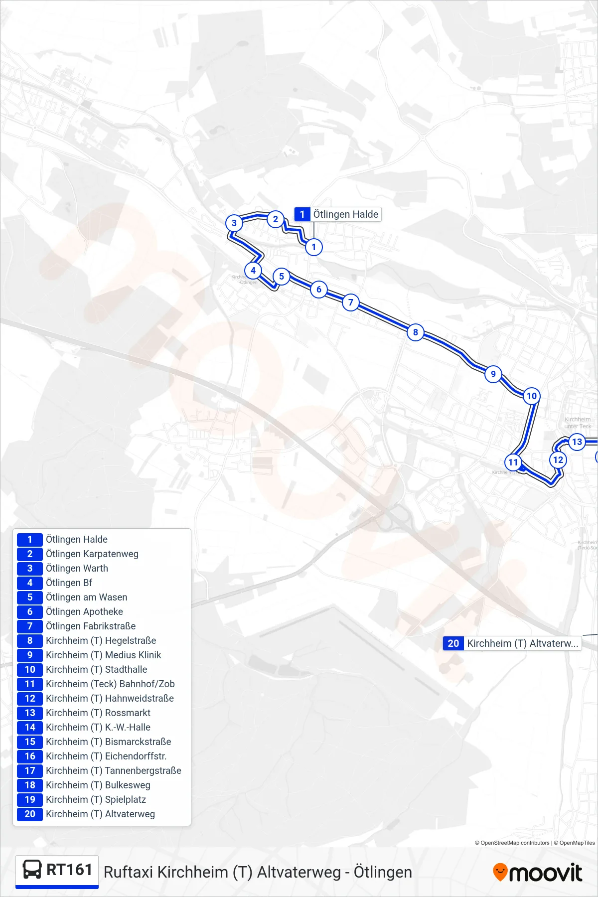 Linie RT161 (Bus) Richtung Kirchheim (T) Altvaterweg: Route und Haltestellen auf der Karte