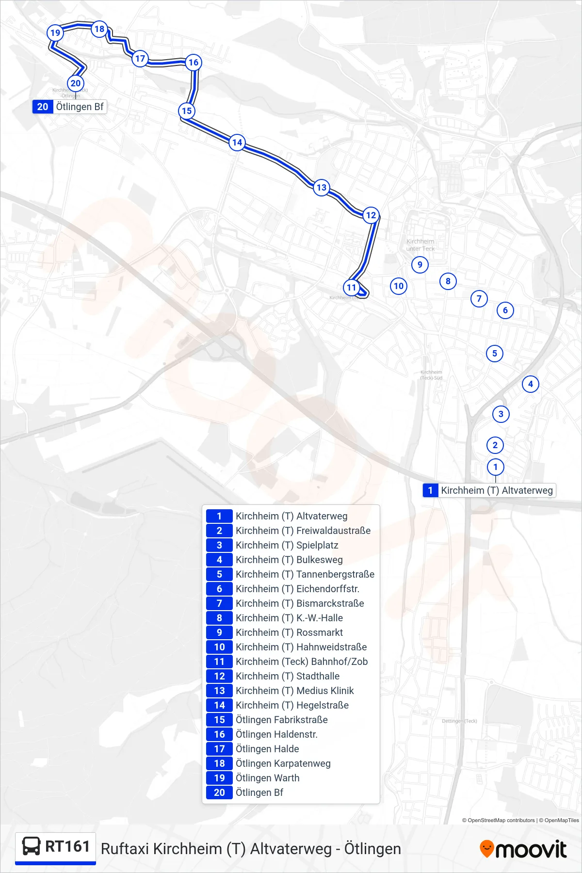 RT161 bus Line (Ötlingen Bf) route and stops on a map