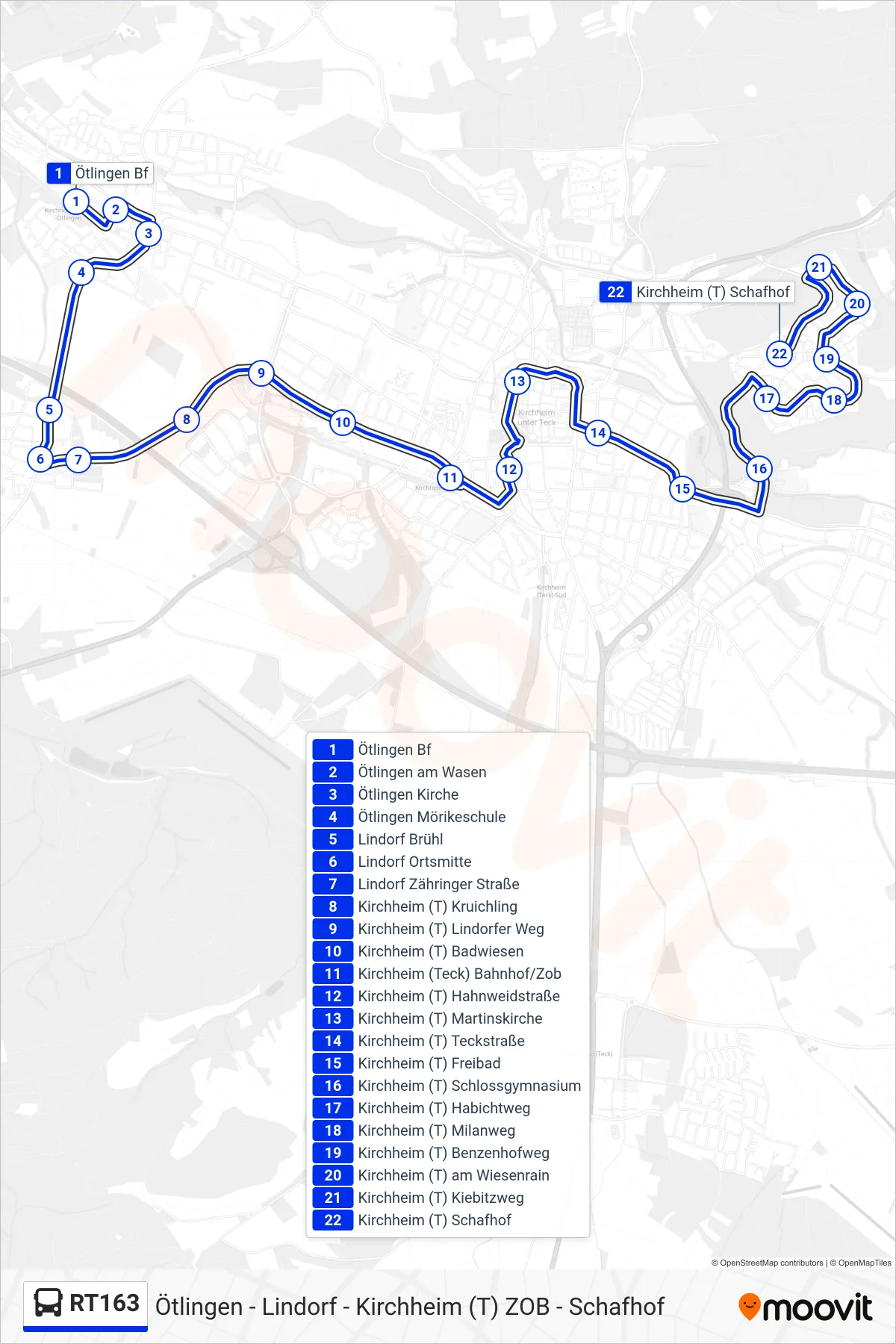 RT163 bus Line (Kirchheim (T) Schafhof) route and stops on a map