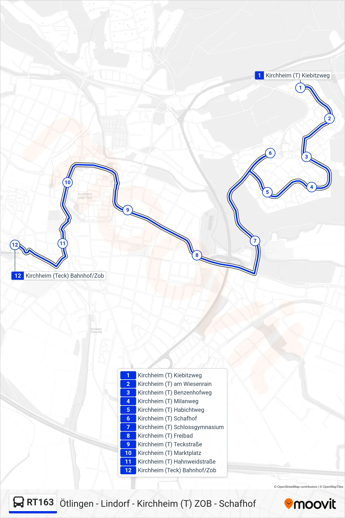 RT163 bus Line (Kirchheim (T) Zob) route and stops on a map