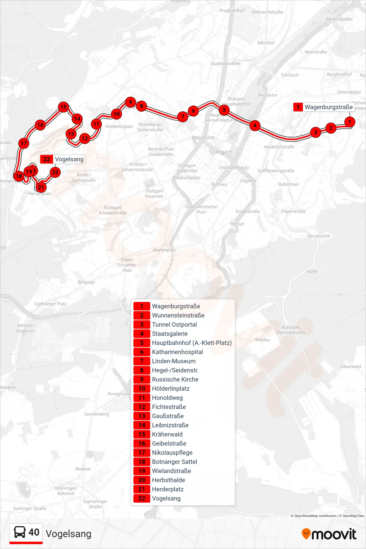 40 bus Line (Vogelsang) route and stops on a map