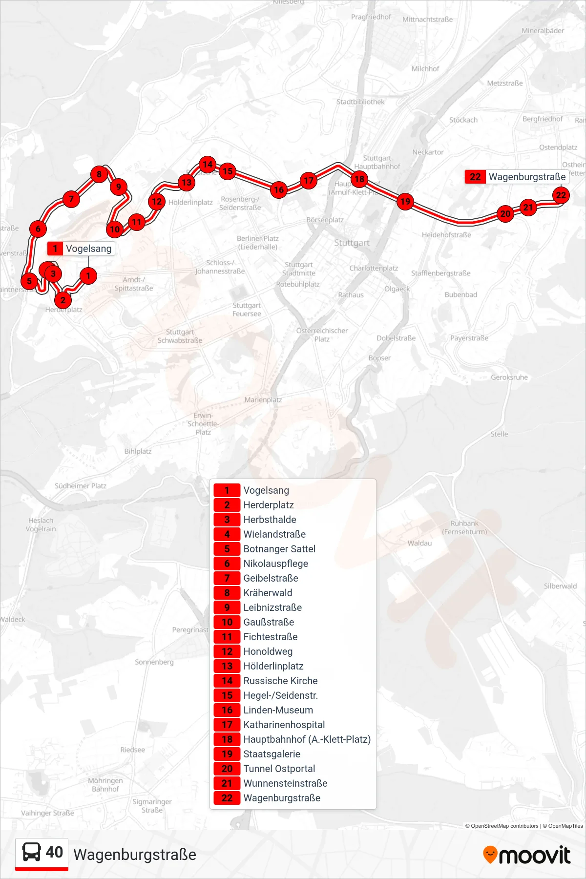 Linie 40 (Bus) Richtung Wagenburgstraße: Route und Haltestellen auf der Karte