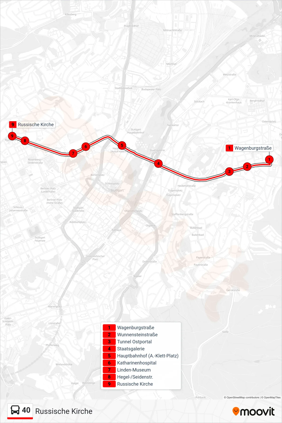 40 bus Line (Russische Kirche) route and stops on a map