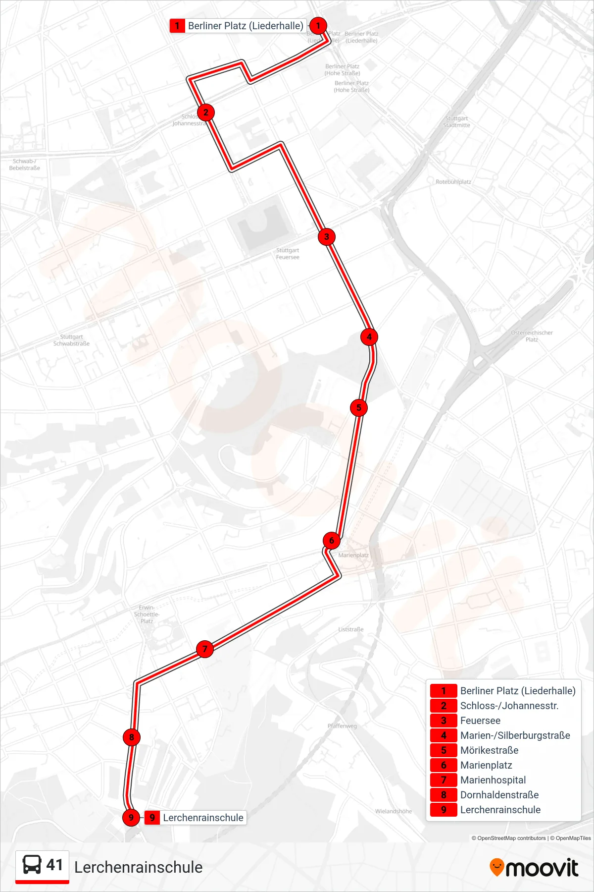 41 bus Line (Lerchenrainschule) route and stops on a map