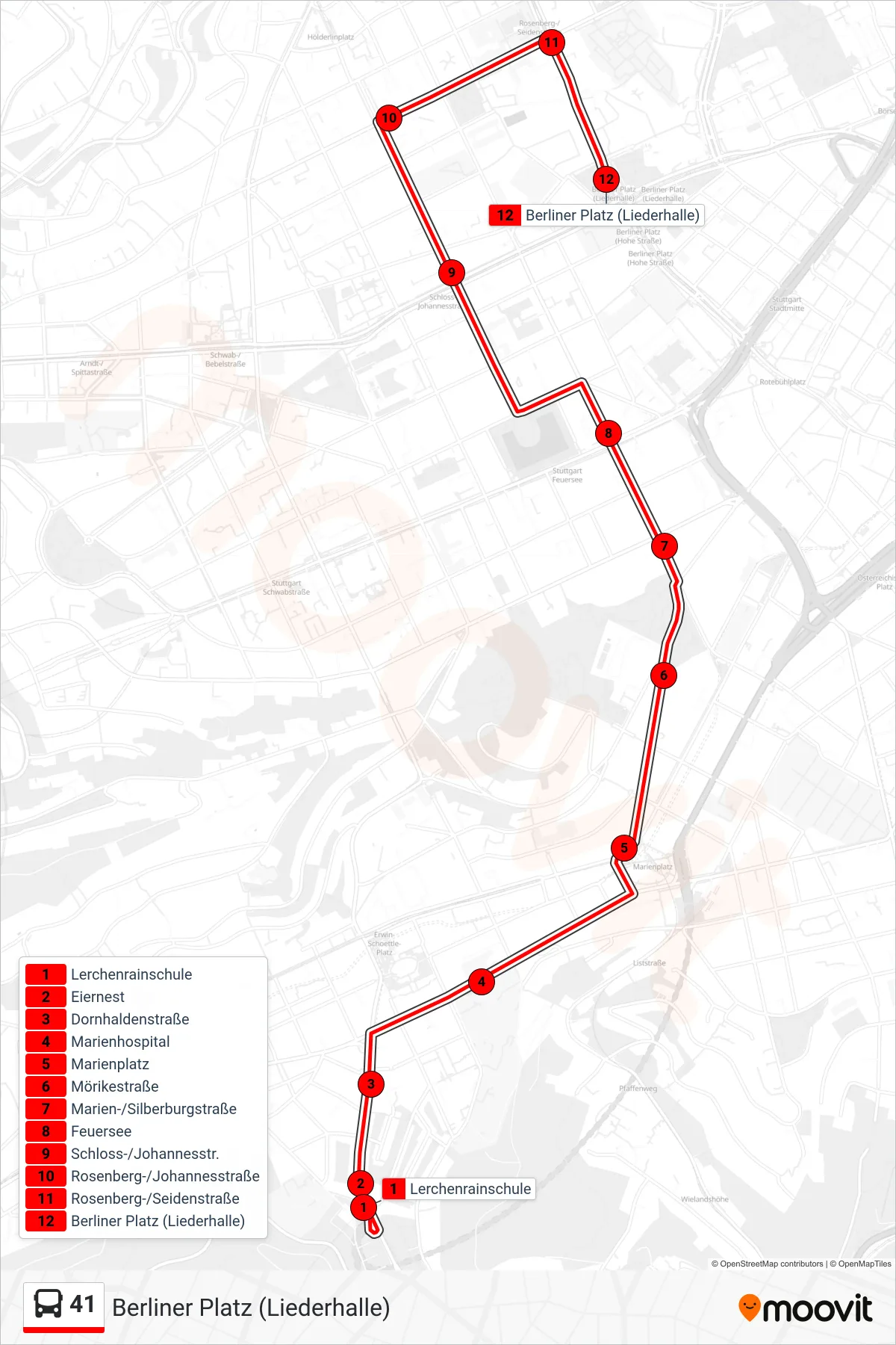 Linie 41 (Bus) Richtung Berliner Platz (Liederhalle): Route und Haltestellen auf der Karte