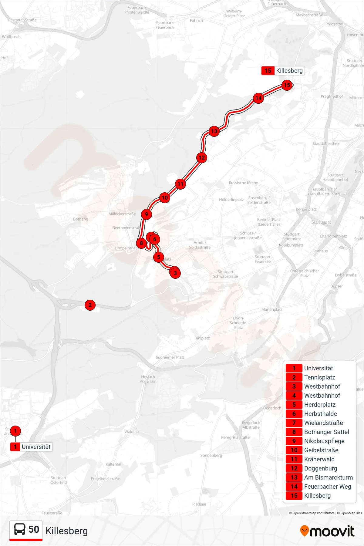Linie 50 (Bus) Richtung Killesberg: Route und Haltestellen auf der Karte