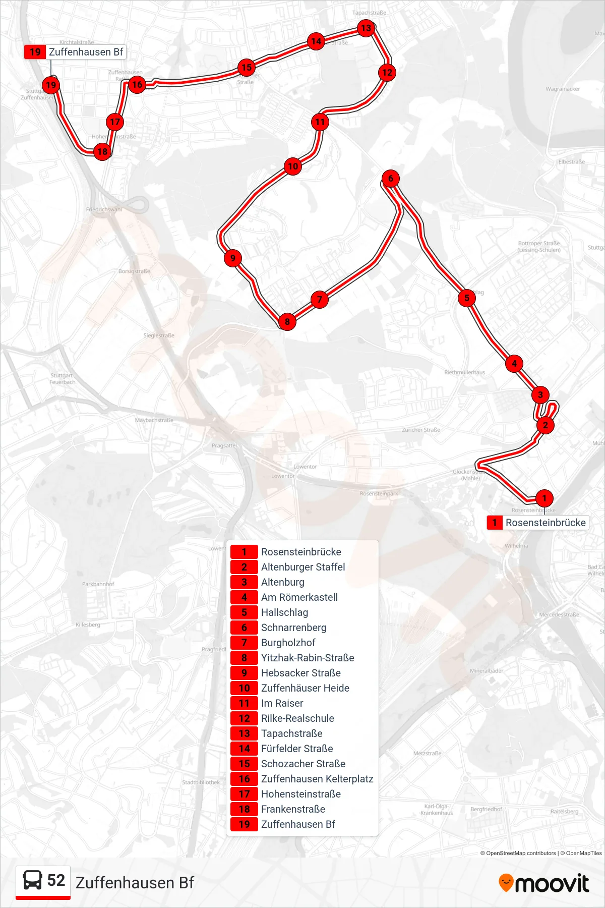 52 bus Line (Zuffenhausen Bf) route and stops on a map