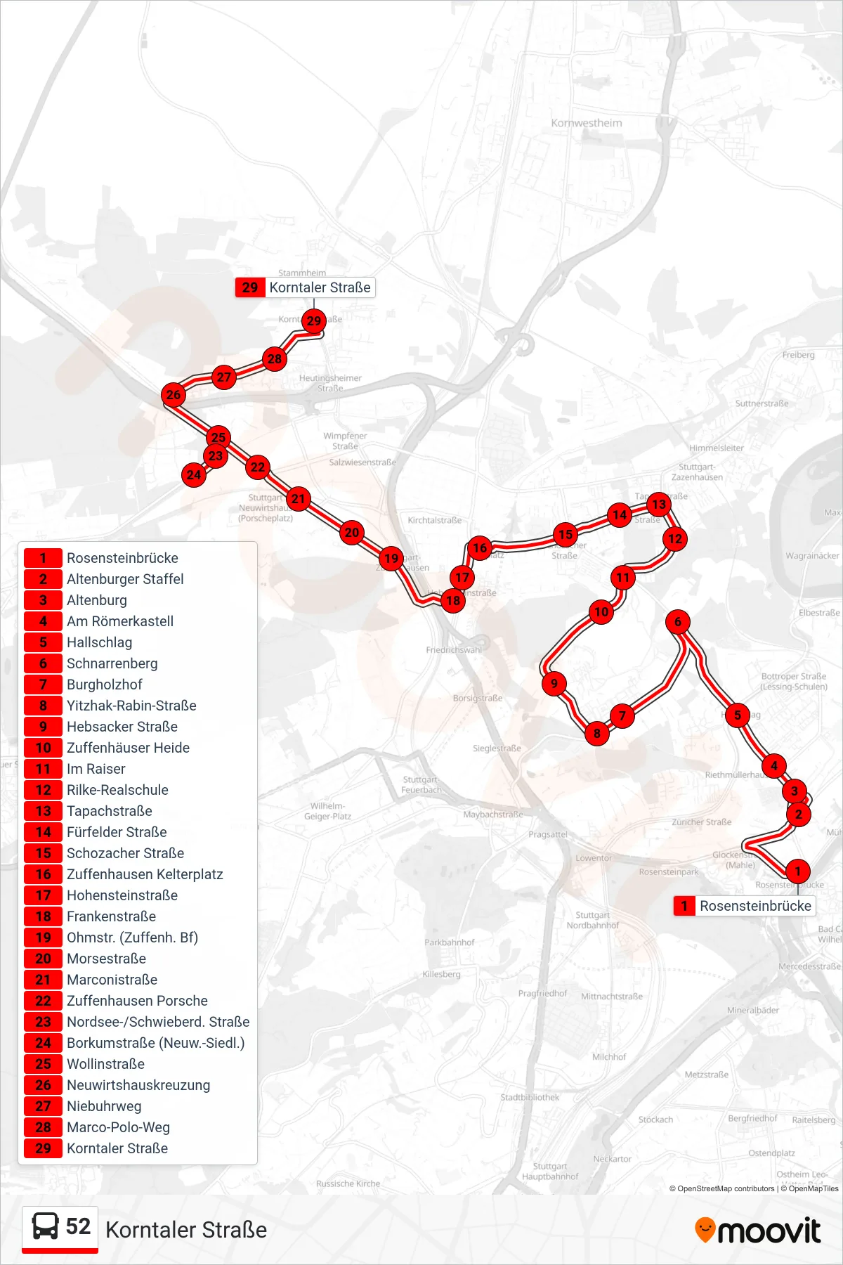 52 bus Line (Korntaler Straße) route and stops on a map