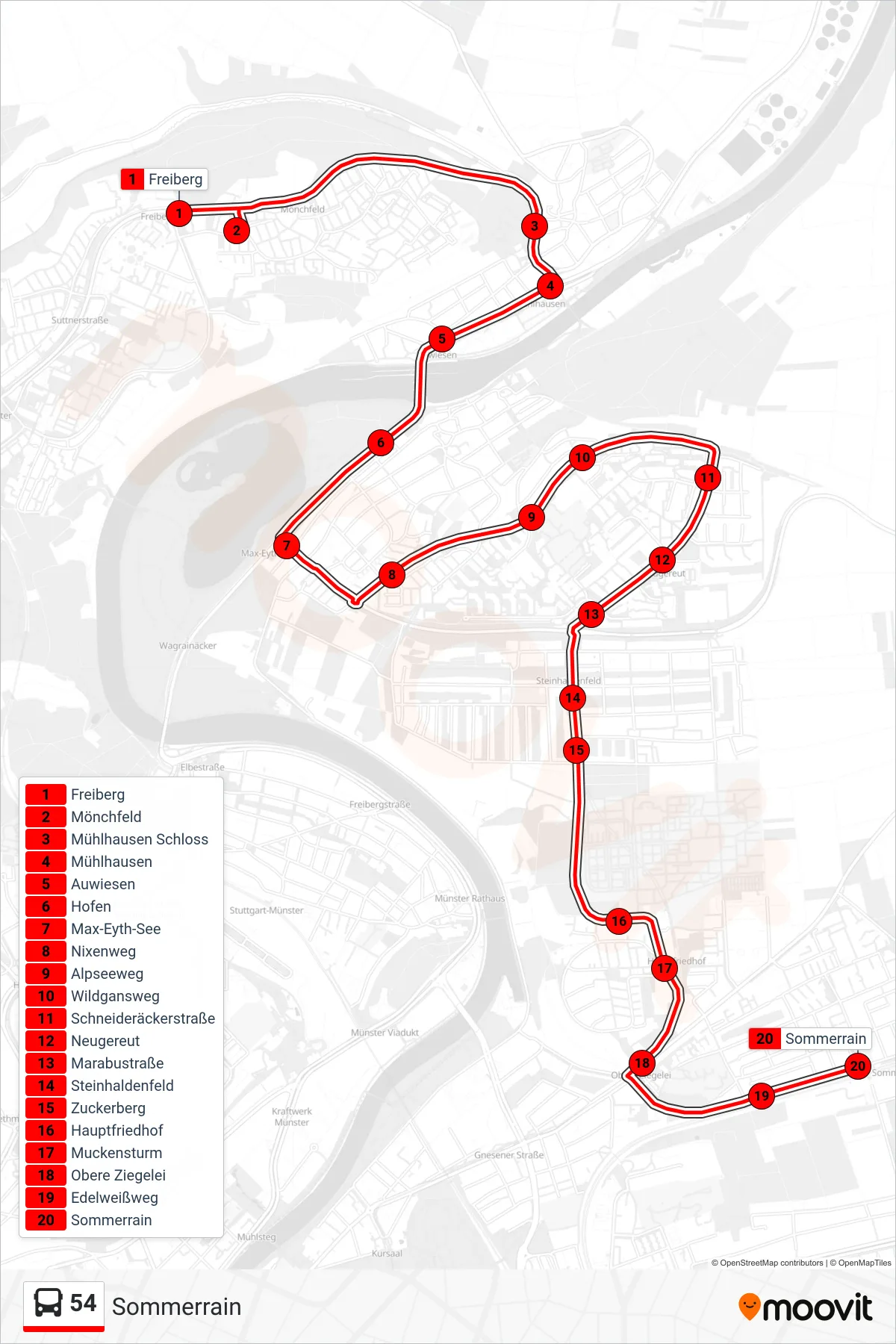 54 bus Line (Sommerrain) route and stops on a map
