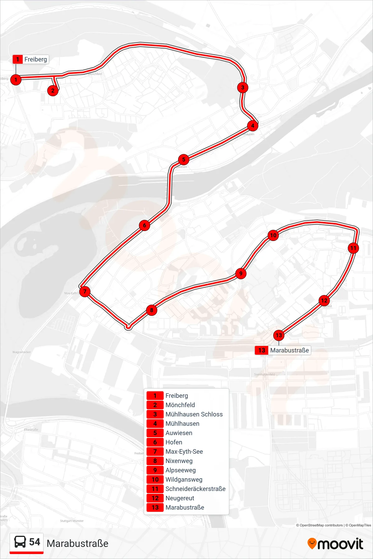 54 bus Line (Marabustraße) route and stops on a map