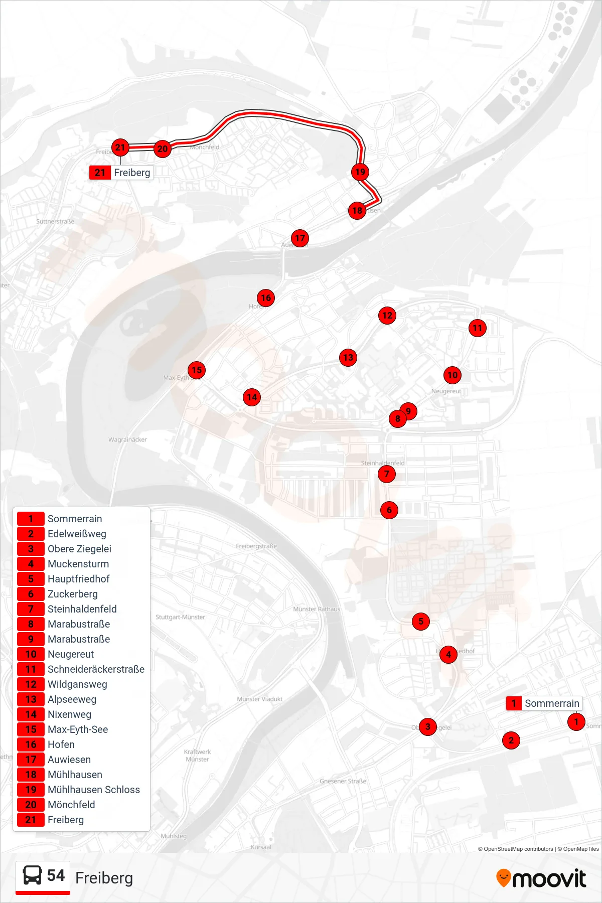54 bus Line (Freiberg) route and stops on a map