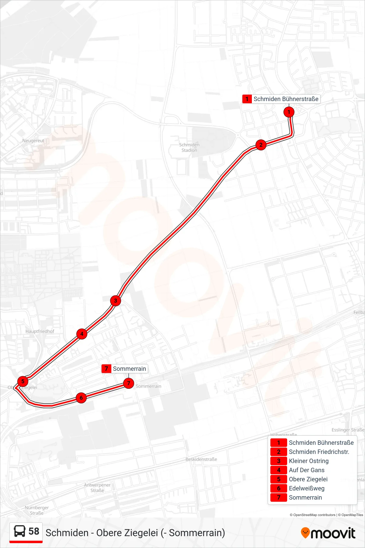 58 bus Line (Sommerrain) route and stops on a map