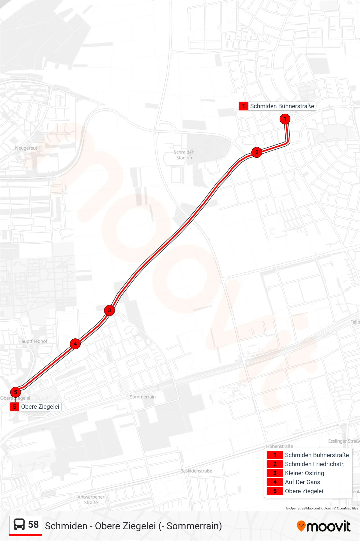 58 bus Line (Obere Ziegelei) route and stops on a map
