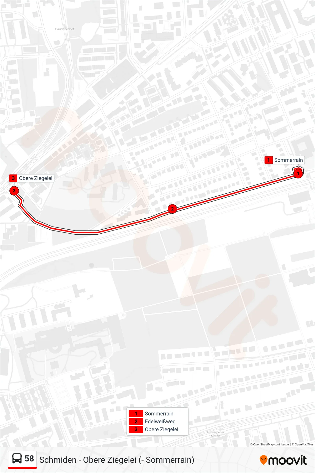 58 bus Line (Obere Ziegelei) route and stops on a map