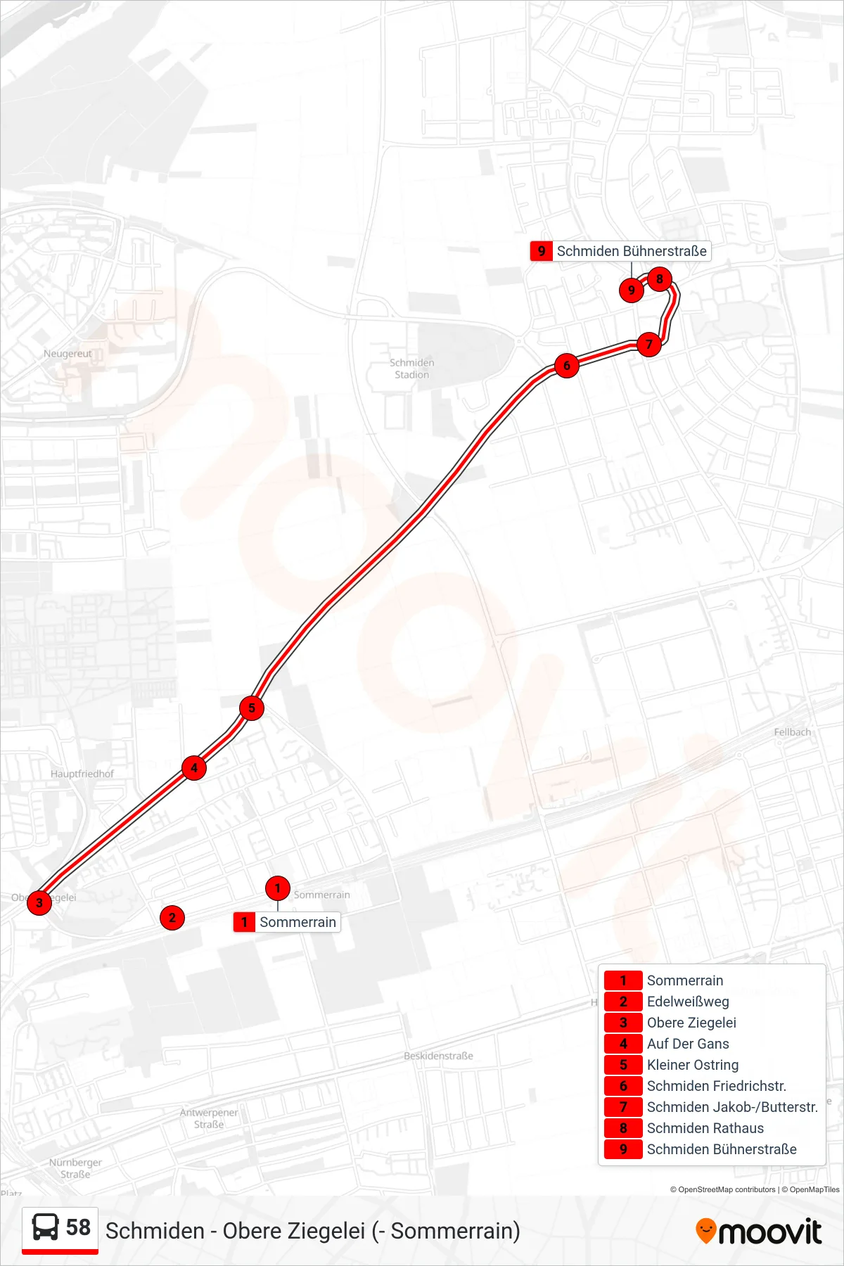 Linie 58 (Bus) Richtung Schmiden Bühnerstraße: Route und Haltestellen auf der Karte